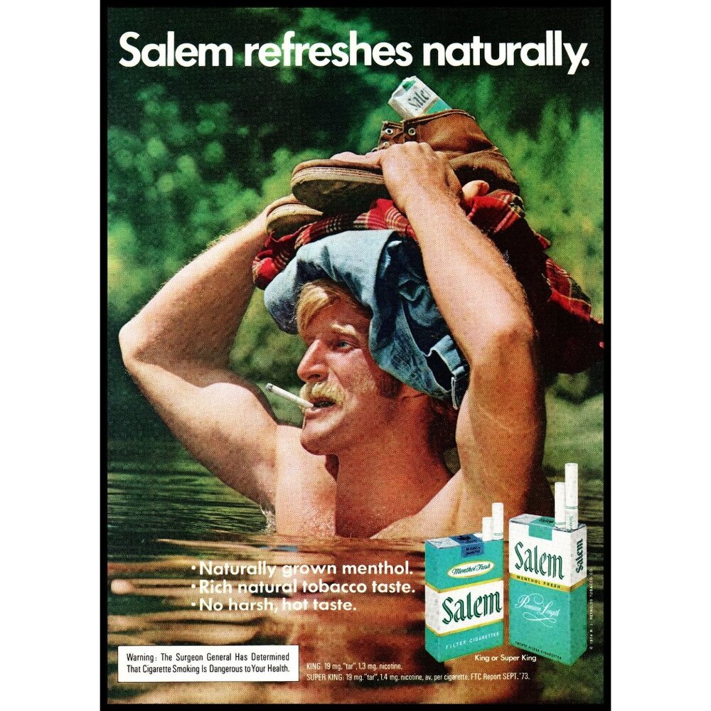 1974 Salem Cigarettes Vintage Print Ad Man Mustache Clothes on Head Wall Art